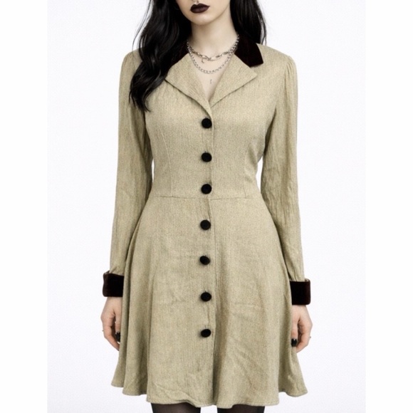 City Triangles Dresses & Skirts - (VTG) CITY TRIANGLES • Sand/Brown Velvet Trim Button Long Sleeve Mini Dress, 7